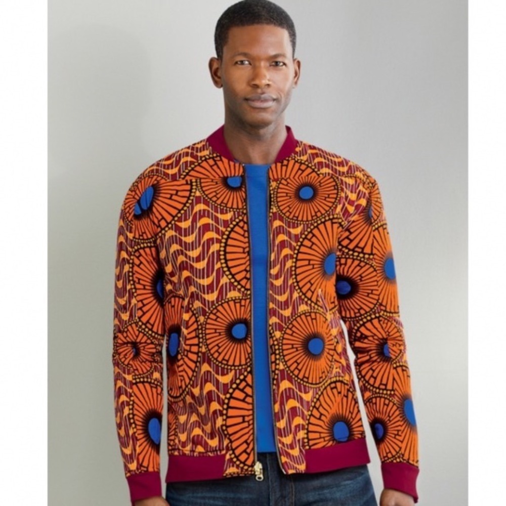 Ashro Reversible Bomber Jacket Mens XL African Wax Print Orange Maroon Cotton